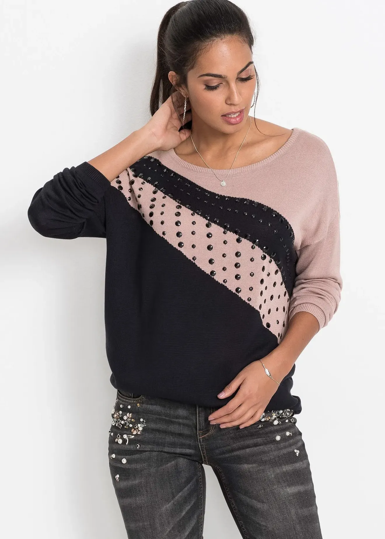 bonprix Pull long avec strass|Femme Maille|Pulls & Gilets