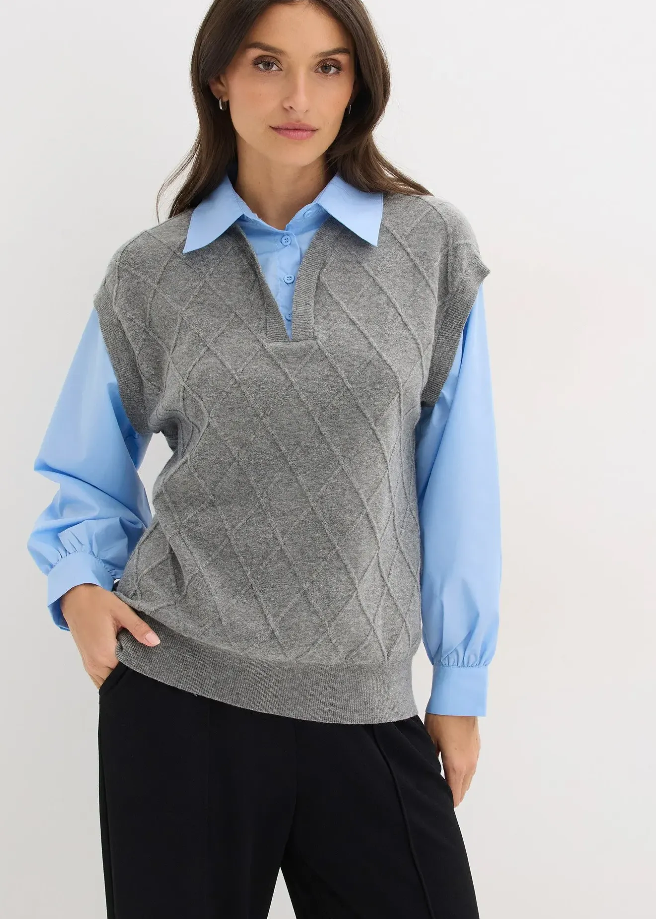 Femme bonprix Maille|Pulls & Gilets|Pull sans manches à empiècement chemisier en coton