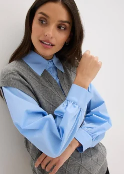 Femme bonprix Maille|Pulls & Gilets|Pull sans manches à empiècement chemisier en coton