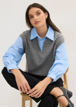 Femme bonprix Maille|Pulls & Gilets|Pull sans manches à empiècement chemisier en coton