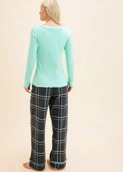 bonprix Pyjama avec un haut côtelé et un pantalon en flanelle|Femme Lingerie Nuit