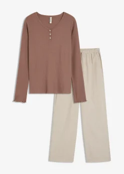 Femme bonprix Lingerie Nuit|Pyjama avec un T-shirt côtelé et un pantalon tissé