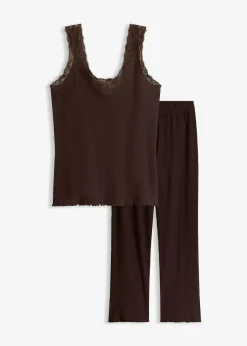 Femme bonprix Lingerie Nuit|Pyjama côtelé avec top à dentelle