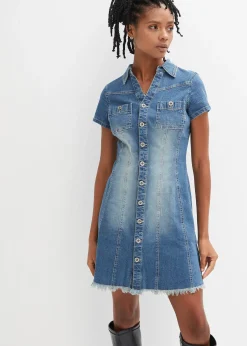bonprix Robe en jean boutonnée avec ourlet à cru|Femme Robes