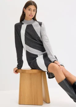 Femme bonprix Maille|Robes|Robe en maille jacquard à rayures modernes