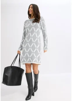 Femme bonprix Maille|Robes|Robe en maille poilue avec motif en losange