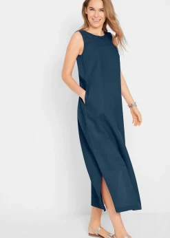 bonprix Robe longue avec lin majoritaire, motif ajouré au décolleté et fentes latérales|Femme Robes
