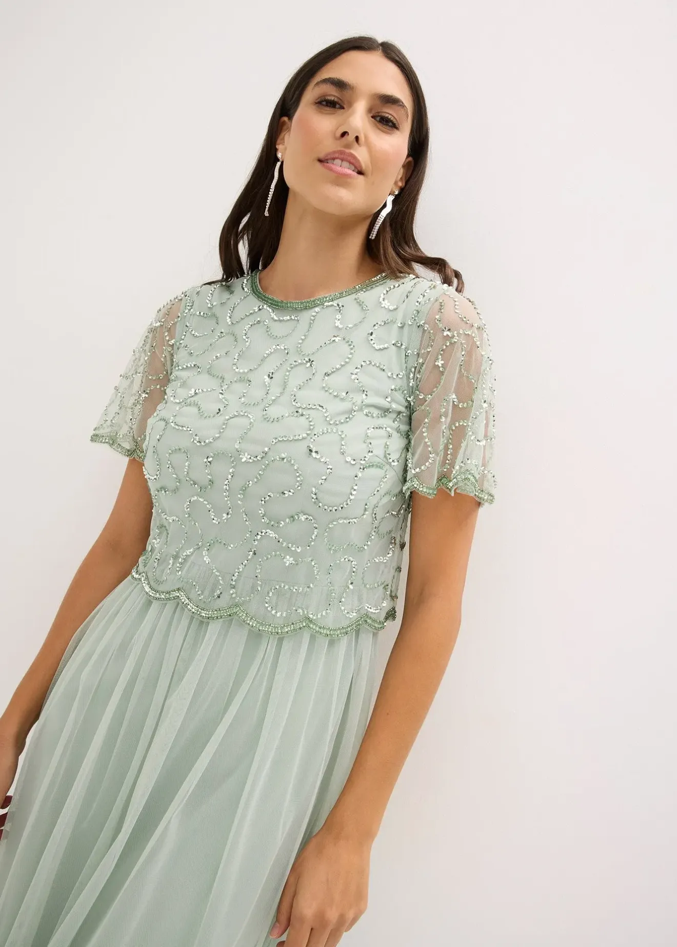 Femme bonprix Mode Festive|Robes|Robe longue en tulle fin avec sequins brodés