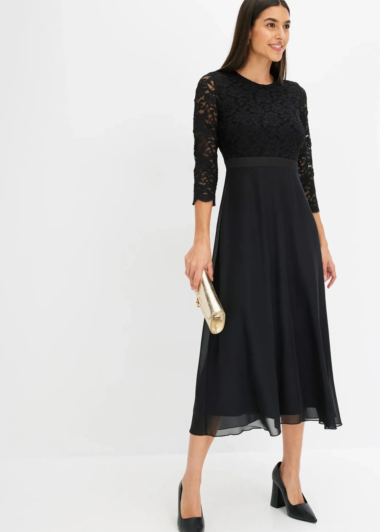 bonprix Robe midi en mousseline légère avec haut en dentelle|Femme Mode Festive|Robes