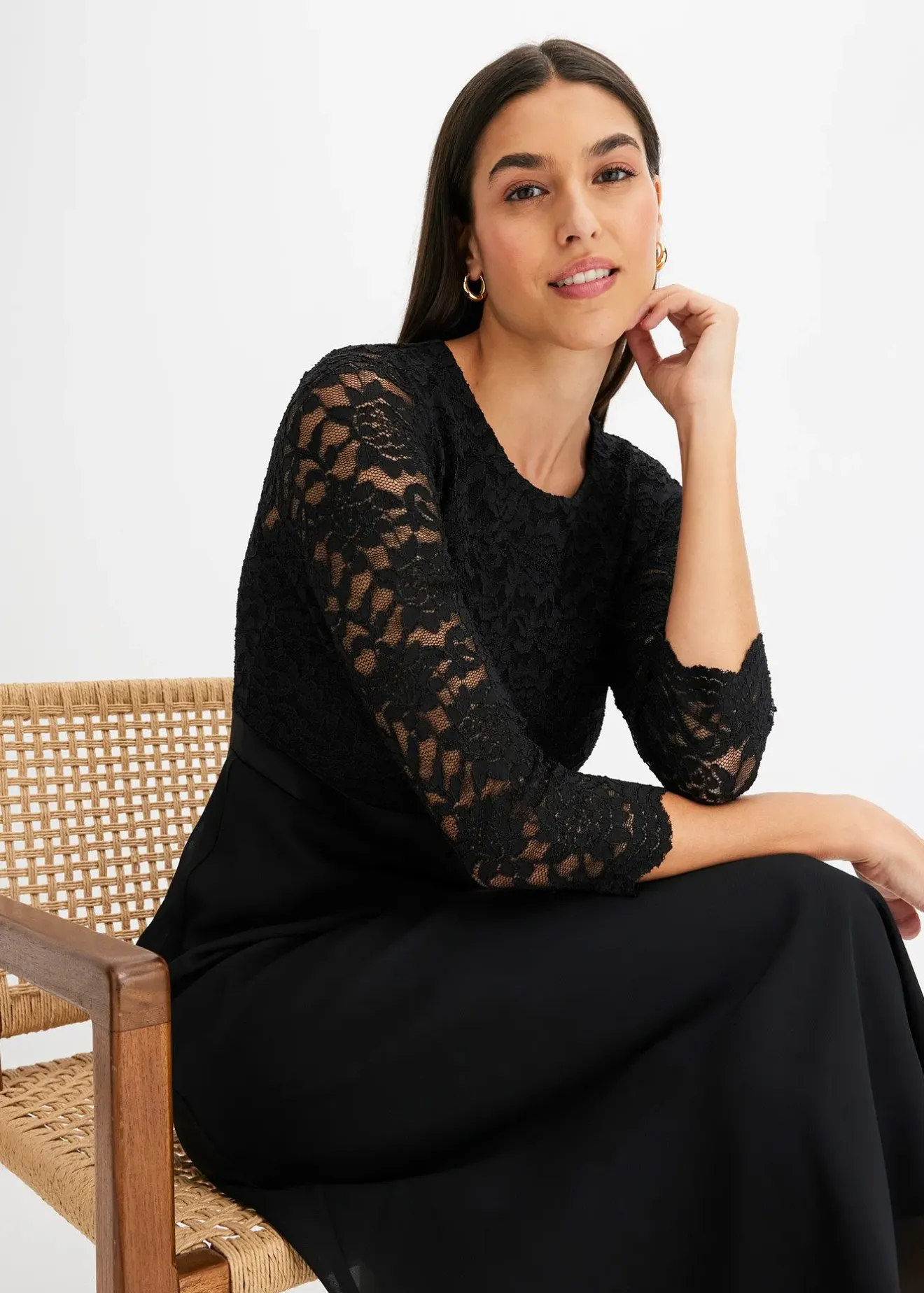 bonprix Robe midi en mousseline légère avec haut en dentelle|Femme Mode Festive|Robes