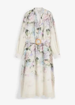 Femme bonprix Premium|Robe midi en ramie avec ceinture (ens. 2 pces)