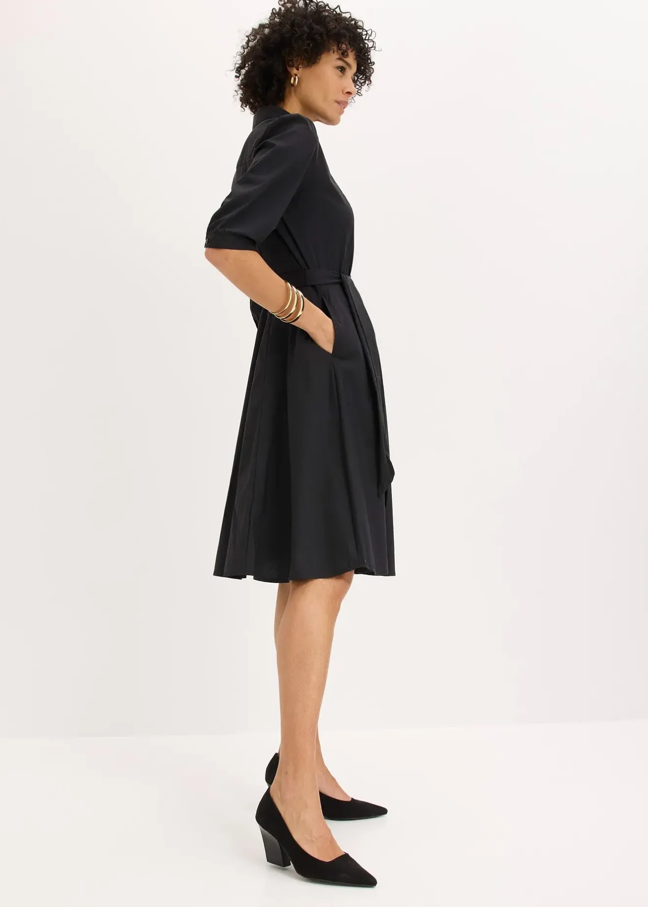 Femme bonprix Tailles Petite|Robes|Robe-chemise avec dentelle et lien à nouer