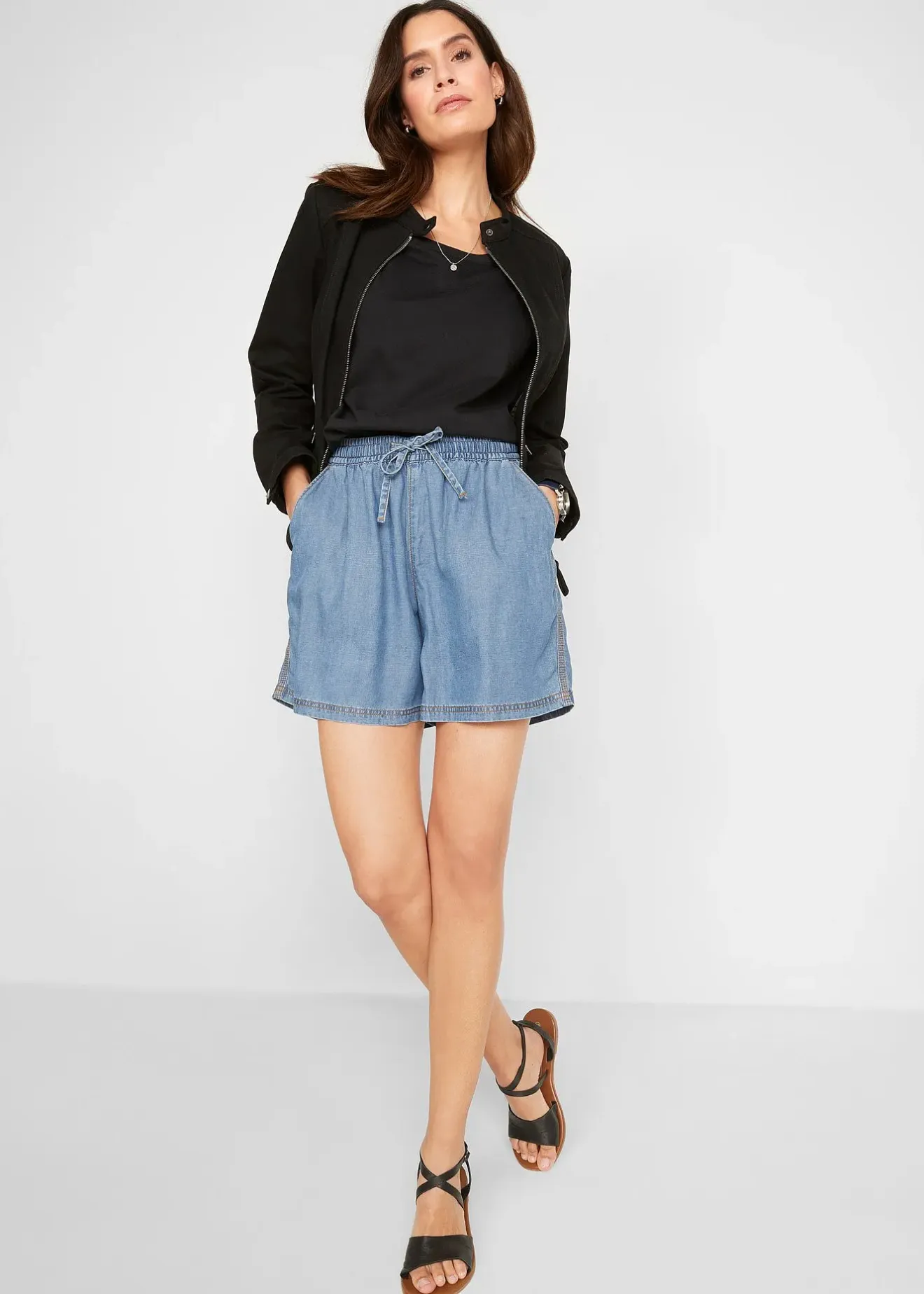 bonprix Short en denim léger avec du lin|Femme Shorts