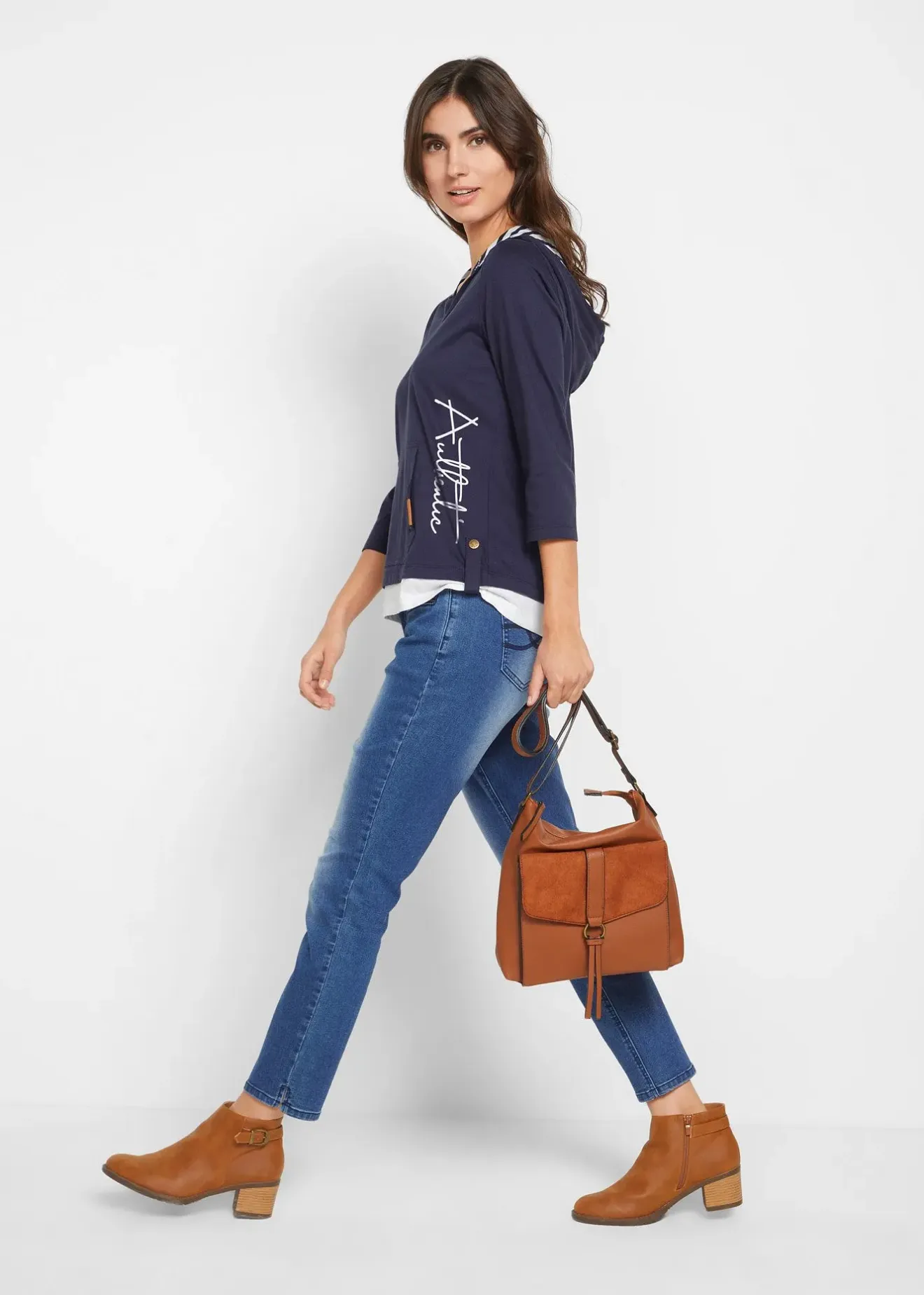 Femme bonprix T-Shirts & Tops|T-shirt à capuche, manches 3/4, 100% coton