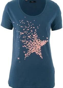 bonprix T-shirt coton en fil flammé, manches courtes|Femme T-Shirts & Tops