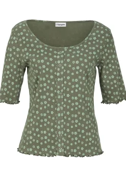 bonprix T-shirt côtelé à imprimé floral, manches coude|Femme T-Shirts & Tops