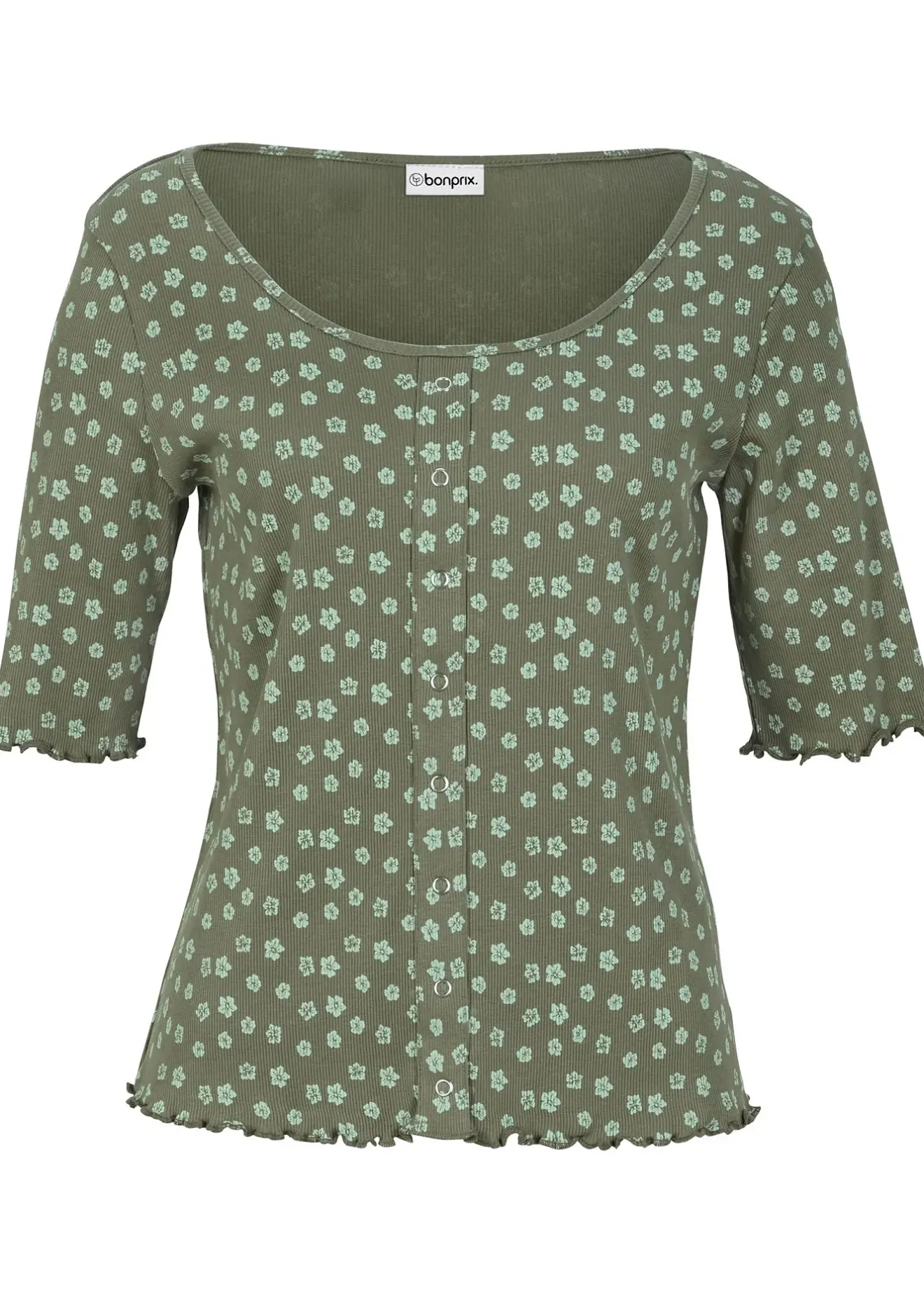 bonprix T-shirt côtelé à imprimé floral, manches coude|Femme T-Shirts & Tops
