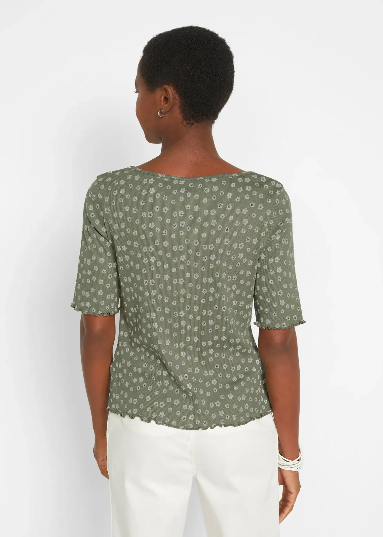 bonprix T-shirt côtelé à imprimé floral, manches coude|Femme T-Shirts & Tops