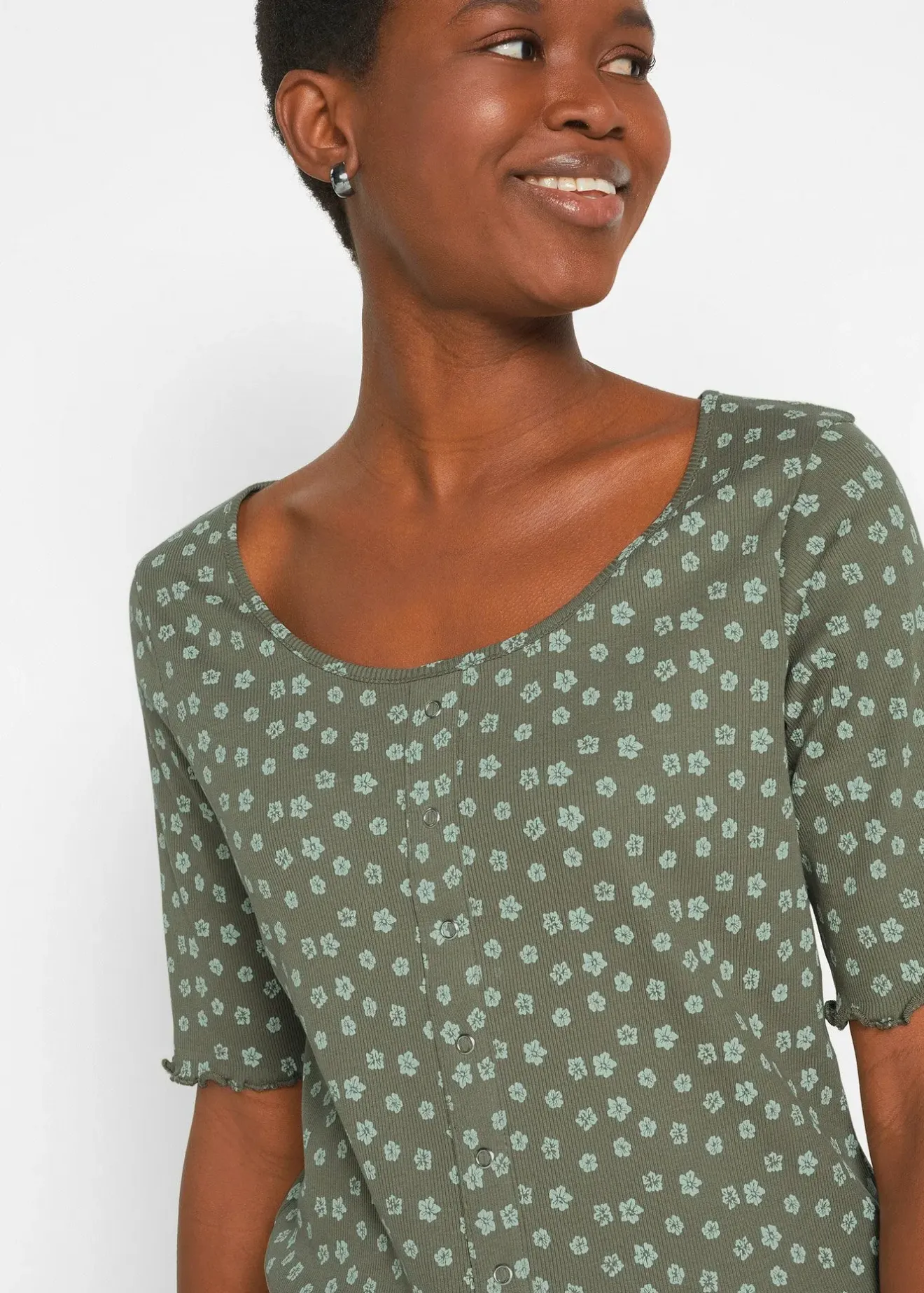 bonprix T-shirt côtelé à imprimé floral, manches coude|Femme T-Shirts & Tops