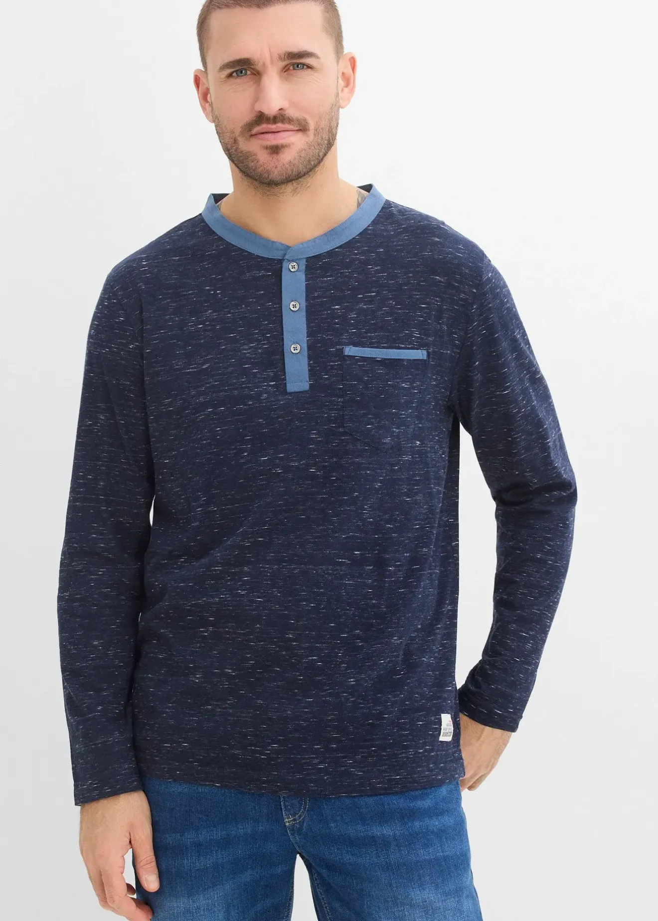 Homme bonprix T-Shirts & Polos|T-shirt manches longues à col tunisien, en fil flammé