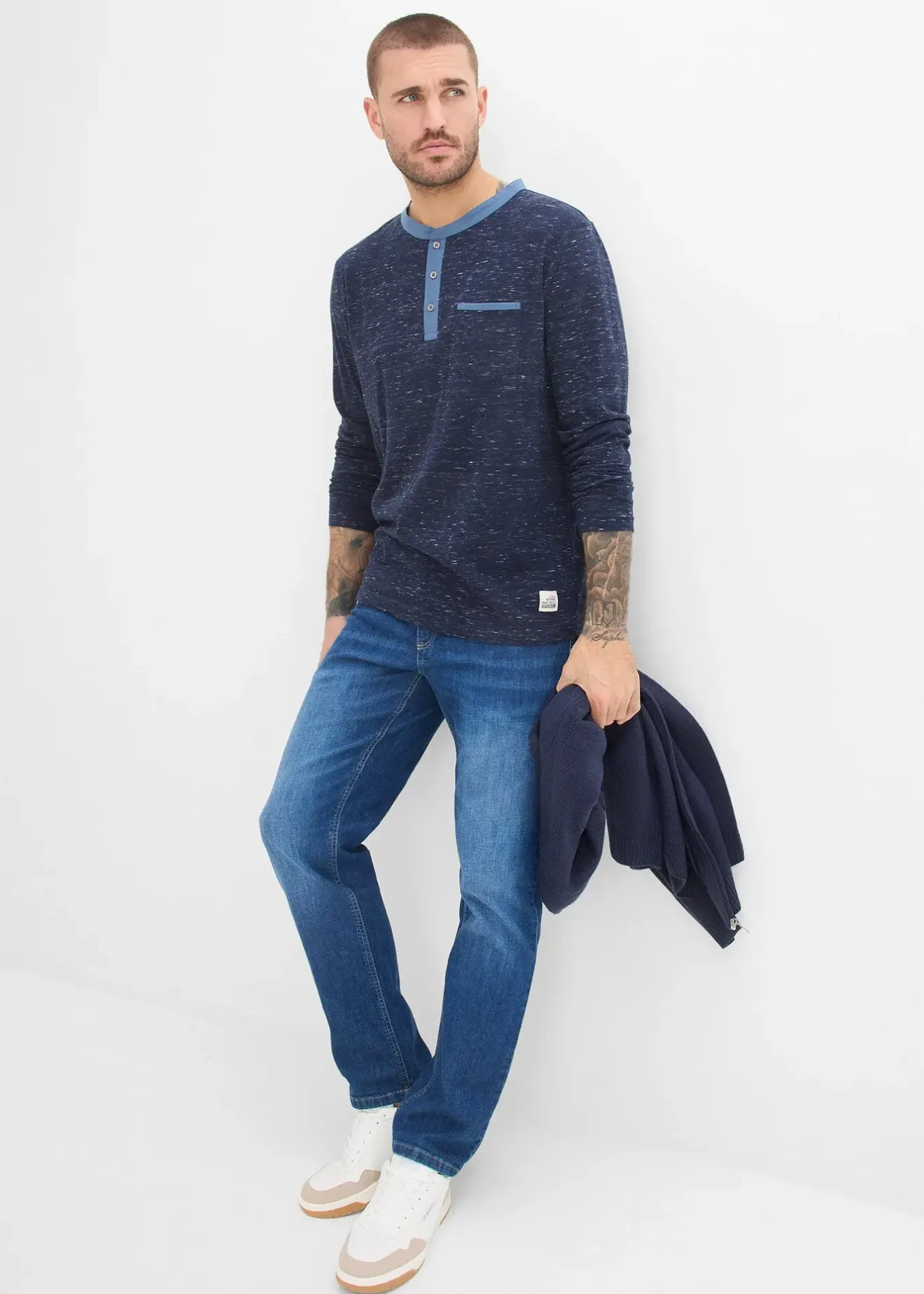 Homme bonprix T-Shirts & Polos|T-shirt manches longues à col tunisien, en fil flammé