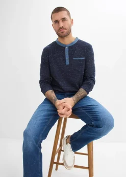 Homme bonprix T-Shirts & Polos|T-shirt manches longues à col tunisien, en fil flammé