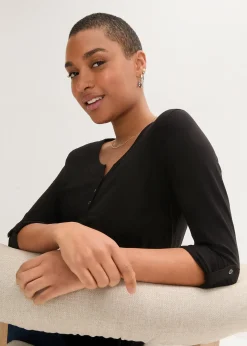bonprix T-shirt manches longues à col boutonné, 100% coton|Femme T-Shirts & Tops