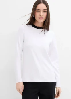 Femme bonprix T-Shirts & Tops|T-shirt manches longues en viscose mélangée, col cheminée contrastant