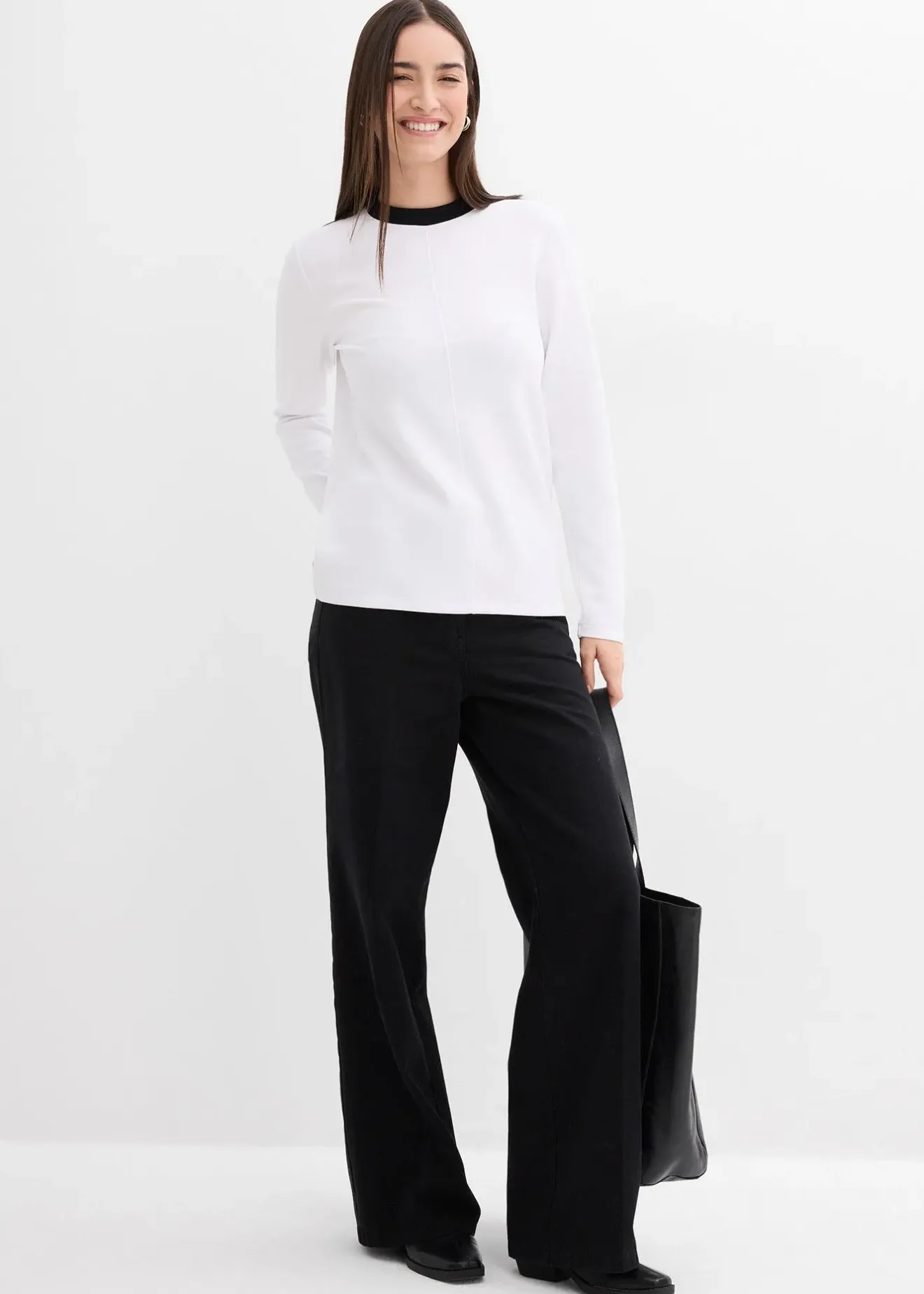 Femme bonprix T-Shirts & Tops|T-shirt manches longues en viscose mélangée, col cheminée contrastant