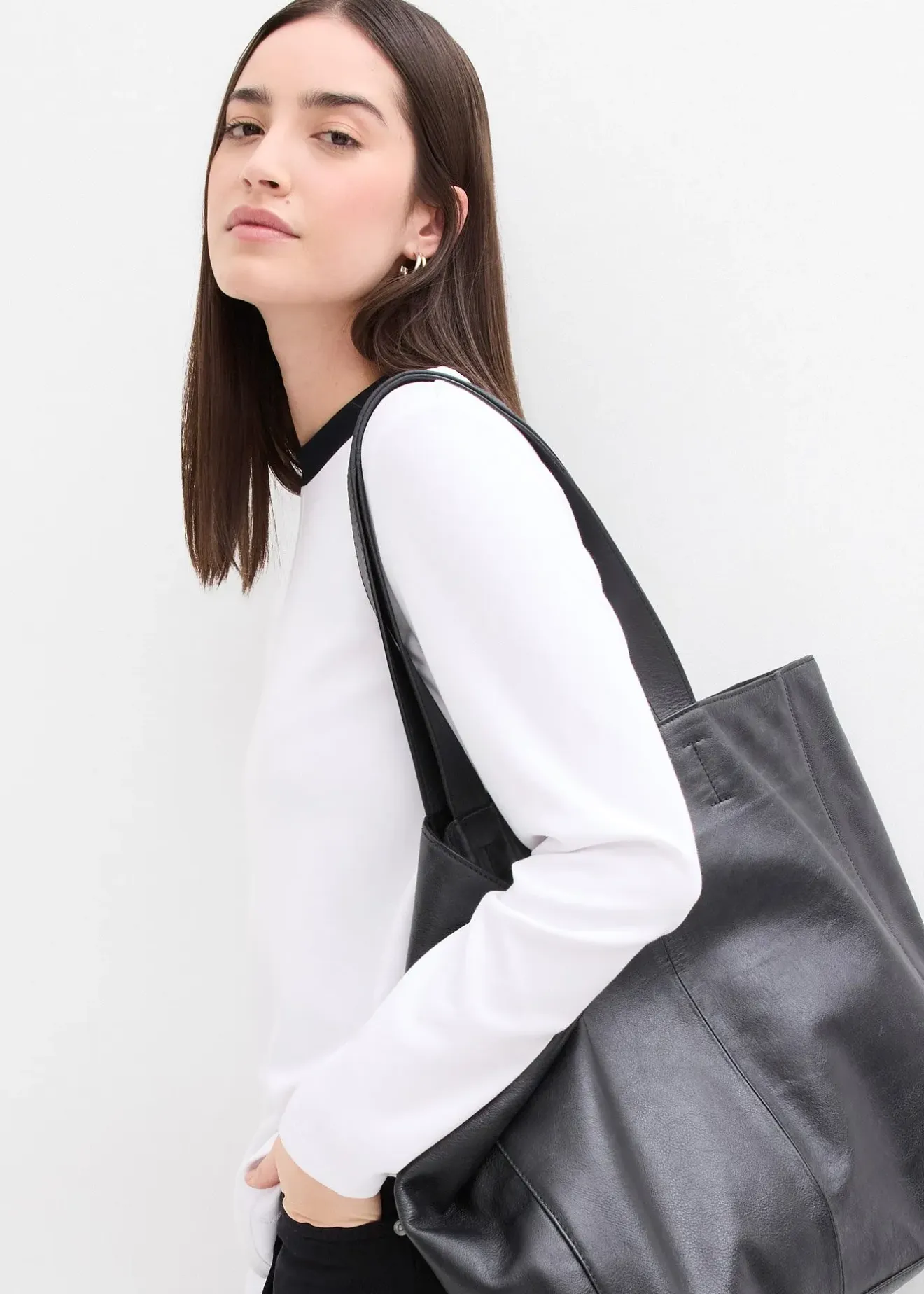 Femme bonprix T-Shirts & Tops|T-shirt manches longues en viscose mélangée, col cheminée contrastant