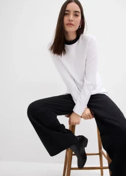 Femme bonprix T-Shirts & Tops|T-shirt manches longues en viscose mélangée, col cheminée contrastant