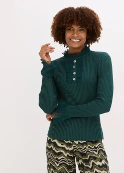 bonprix T-shirt manches longues en fine maille avec volants en mousseline|Femme T-Shirts & Tops