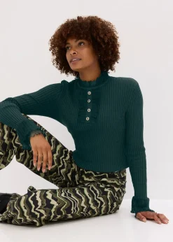 bonprix T-shirt manches longues en fine maille avec volants en mousseline|Femme T-Shirts & Tops