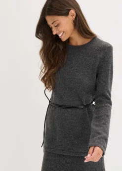 bonprix T-shirt manches longues en maille avec ceinture à nouer|Femme Maille|T-Shirts & Tops